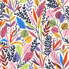 Materiał do szycia Exotic vector seamless pattern with eucalyptus leaves and plant branches. Tropical floral background