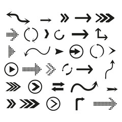 Collection of vector arrows. Black arrows cursors set icon, back, side, preview of applications or values of web design, mobile application, map. Flat style on white background. Vector