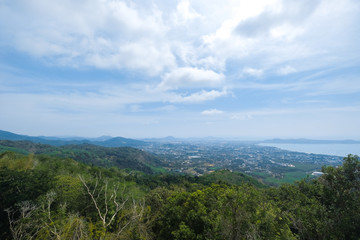 High view of the city and the ocean. Phuket, Thailand. City view. Observation deck for tourists.