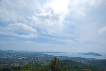 High view of the city and the ocean. Phuket, Thailand. City view. Observation deck for tourists.