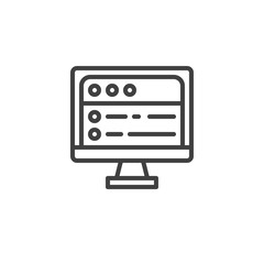 Computer screen with web page line icon. SEO linear style sign for mobile concept and web design. Web development outline vector icon. Symbol, logo illustration. Vector graphics