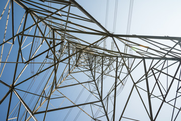 Abstract pattern from bottom view of high voltage pole power transmission tower with clear sky...