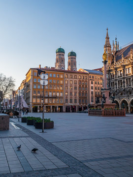 Deserted Marienplatz square during Corona crisis. Munich, Germany