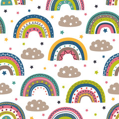 seamless pattern with colorful rainbows and clouds on white background   - vector illustration, eps    