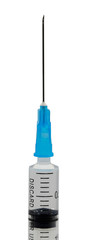 Medical syringe with injection solution on white background. Syringe with vaccination.