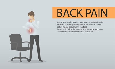 Office man feeling pain back and nape,He suffering from work and stress,Spinal cord muscles, chronic inflammation,The concept of medicine, massage, physiotherapy, health.