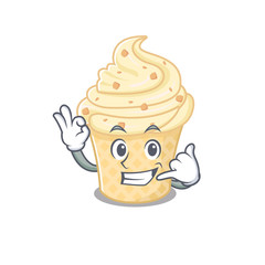Cartoon design of vanilla ice cream with call me funny gesture