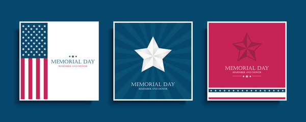 USA Memorial Day celebrate cards set with silver star and United States national flag. American national holiday vector illustration.
