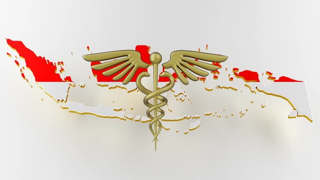 Caduceus sign with snakes on a medical star. Map of Indonesia land border with flag. Indonesia map on white background. 3d rendering