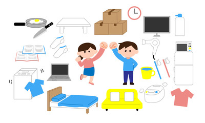 男性と女性と生活日用品（デフォルメカラー）