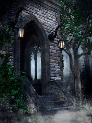Fototapeta na wymiar Gothic chapel with lanterns, ivy and a tree in the forest at night. 3D render.