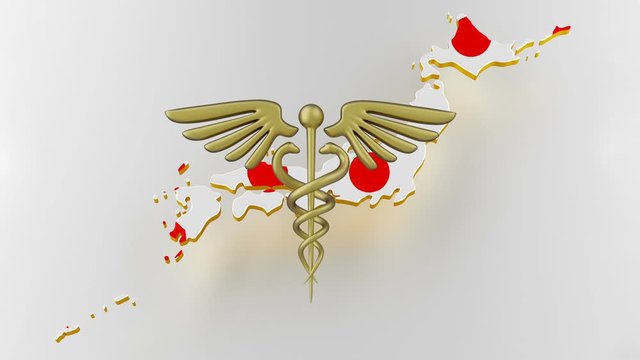 Caduceus sign with snakes on a medical star. Map of Japan land border with flag. Japan map on white background. 3d rendering