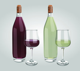 Vector 3D Transparent Glass And Bottle Full Of White And Red Wine Illustration
