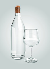 Vector 3D Transparent Bottle With Glass Full Of Pure Water Illustration