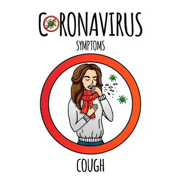 Hand drawn doodle Novel Coronavirus Symptoms icon. Vector illustration Cartoon virus Sketch 2019-nCov symbol COVID-19 resposible for influenza outbreak Coughing woman with scarf on white background