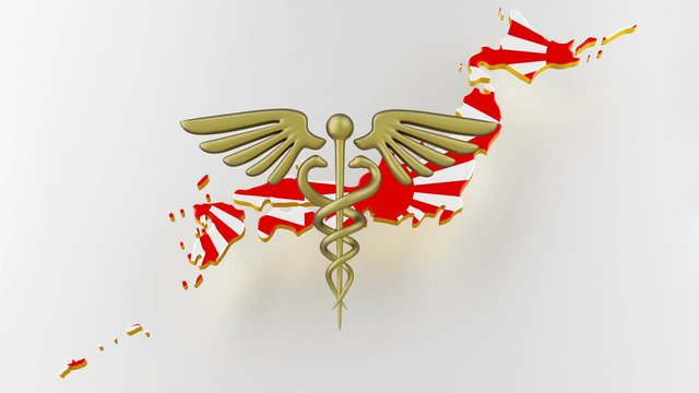 Caduceus sign with snakes on a medical star. Map of Japan land border with flag. Japan map on white background. 3d rendering