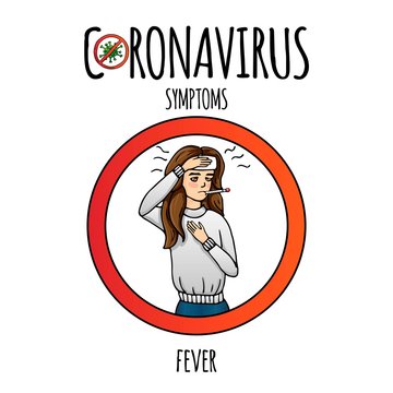 Hand drawn doodle Novel Coronavirus Symptoms icon. Vector illustration. Cartoon virus Sketch 2019-nCov symbol COVID-19 resposible for influenza outbreak Woman with fever and thermometer in her mouth