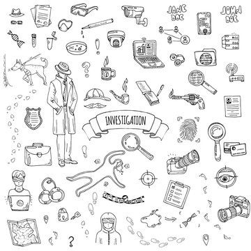 Hand drawn doodle Investigation icons set. Vector illustration. Investigative discovery elements collection. Cartoon detective various sketch symbol: private investigator, dog, magnifier, crime scene
