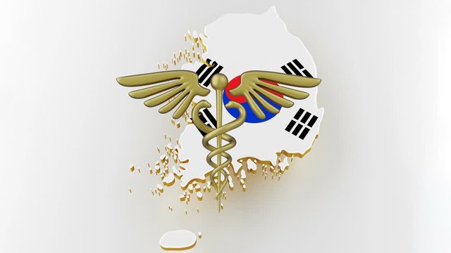 Caduceus sign with snakes on a medical star. Map of Korea land border with flag. Korea map on white background. 3d rendering