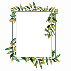 Watercolor illustration.Square frame of olive branches. . Isolated object on a white background. Print for textile, fabric, wallpaper