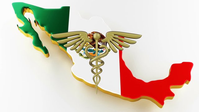 Caduceus sign with snakes on a medical star. Map of Mexico land border with flag. Mexico map on white background. 3d rendering