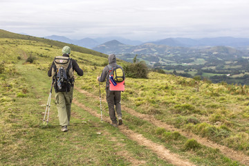 Obraz premium Pilgrim on the way of St. Jacob. Camino de Santiago. Green tourism. Hiking in the mountains of France and Spain. European trail. A tourist route. Go ahead. Cover the distance.