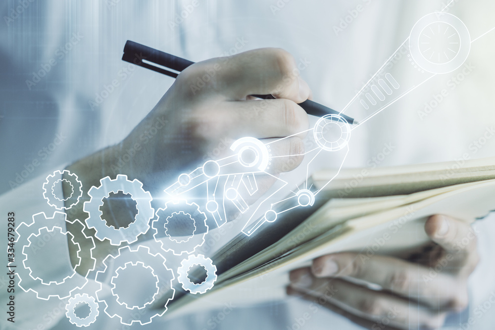 Aufkleber creative abstract robotics technology hologram and man hand writing in diary on background, artifici