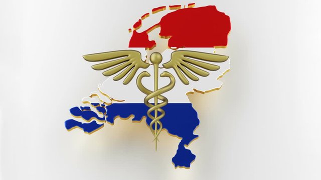 Caduceus sign with snakes on a medical star. Map of Netherlands land border with flag. Netherlands map on white background. 3d rendering
