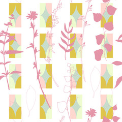 Wildflowers, herbs and leaves vector seamless pattern. Hand drawn florals on abstract background with geometric shapes.