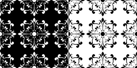 Fototapeta na wymiar Floral seamless patterns. Black and white backgrounds compilation
