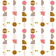 Abstract geometric vector seamless pattern inspired by mid-century modern fabrics.  Shapes and lines in retro pastel colors and textured background. Clipping mask is used for easy editing. 