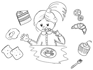 Happy kid eating breakfast and have meal doodle cartoon