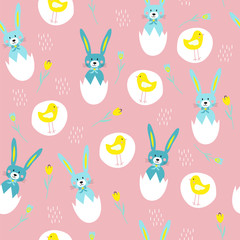 Easter bunnies jumping out of broken egg, chickens, and flowers on a pink background seamless pattern print