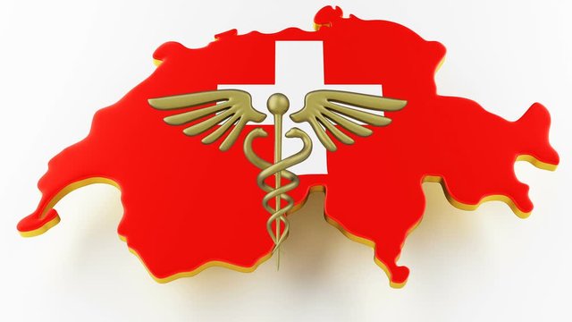 Caduceus sign with snakes on a medical star. Map of Switzerland land border with flag. Switzerland map on white background. 3d rendering
