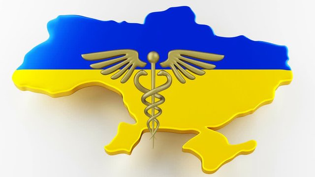 Caduceus sign with snakes on a medical star. Map of Ukraine land border with flag. Ukraine map on white background. 3d rendering