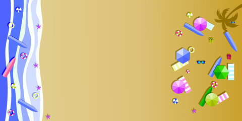 Summer sunny beach with umbrellas. Sea waves Top view. Travel, vacation, holidays concept