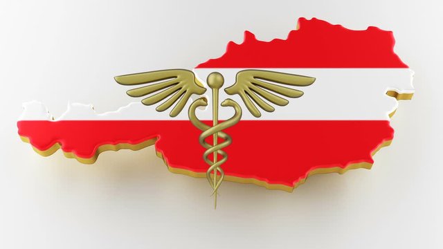 Caduceus sign with snakes on a medical star. Map of Austria land border with flag. Austria map on white background. 3d rendering
