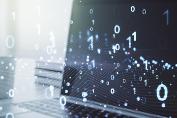 Creative abstract binary code hologram on modern computer background, AI and machine learning concept. Multiexposure