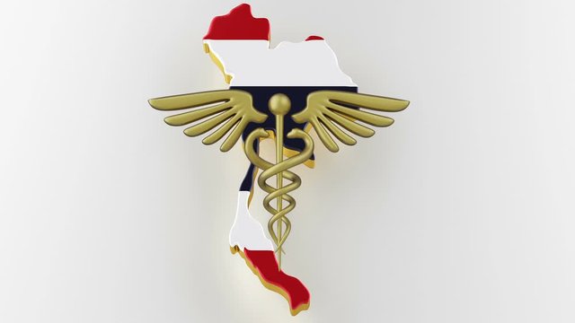 Caduceus sign with snakes on a medical star. Map of Thailand land border with flag. Thailand map on white background. 3d rendering