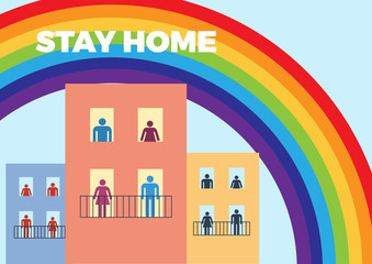 The word Stay Home, save you by coronavirus. Vector background with family inside rainbow