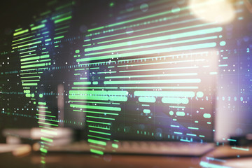 Abstract creative digital world map on modern computer background, globalization concept. Multiexposure