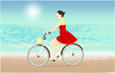 Summer banner with cute girl on a bike. Beach view