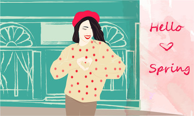 Hello Spring banner with cute girl near the shop window, building silhouette, spring