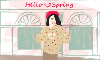 Hello Spring banner with cute girl near the shop window, building silhouette, spring