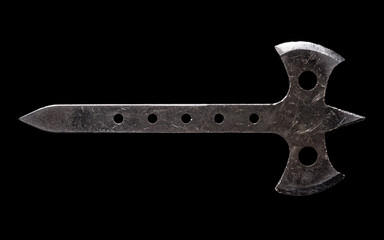 Scratched steel throwing axe on black background