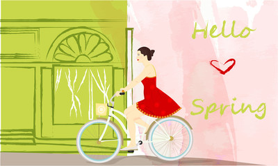 Hello Spring banner with cute girl on a bike near the shop window, building silhouette, spring
