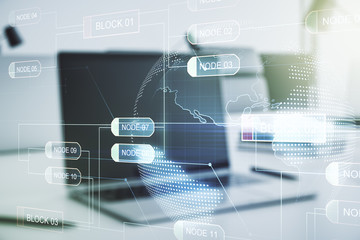 Multi exposure of abstract software development hologram with world map on laptop background, global research and analytics concept
