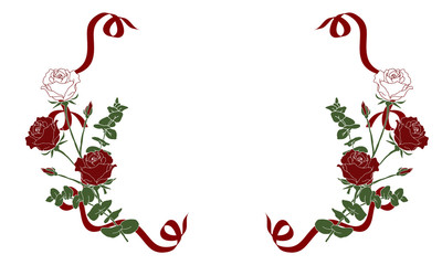 バラ　花　フレーム　ベクター　イラスト　枠　赤　緑　シンプル　クラシック　レトロ　