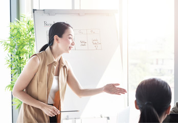 Attractive young asian business woman presentation ask and answer her coworker team in meeting...