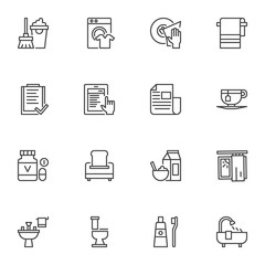 Daily routine line icons set. linear style symbols collection, outline signs pack. vector graphics. Set includes icons as cleaning, dishwashing, planning, morning breakfast, shower, newspaper, toilet